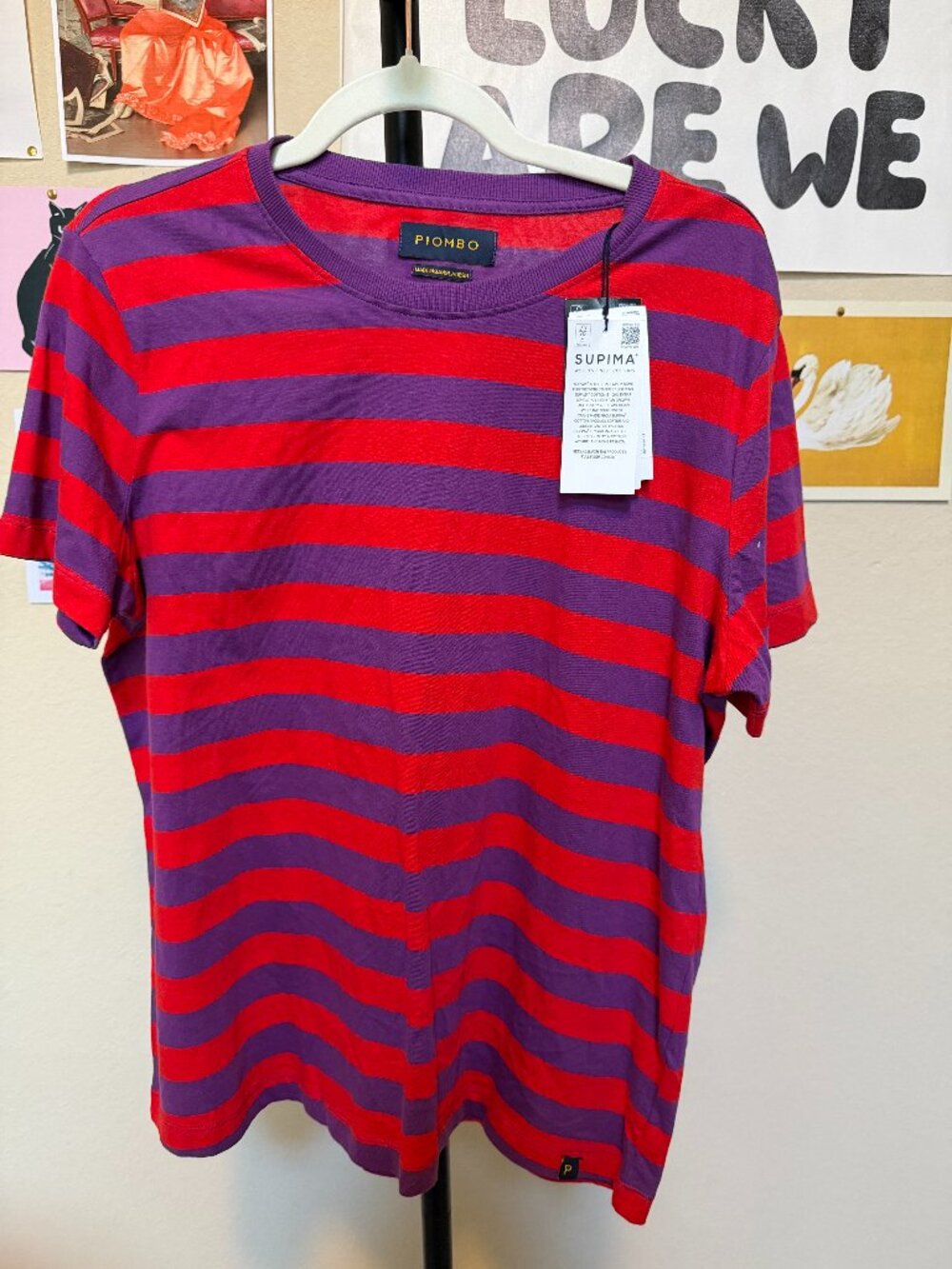 Piombo OVS Premium Supima Cotton Striped Crew Neck Tee Purple Red XL NWT